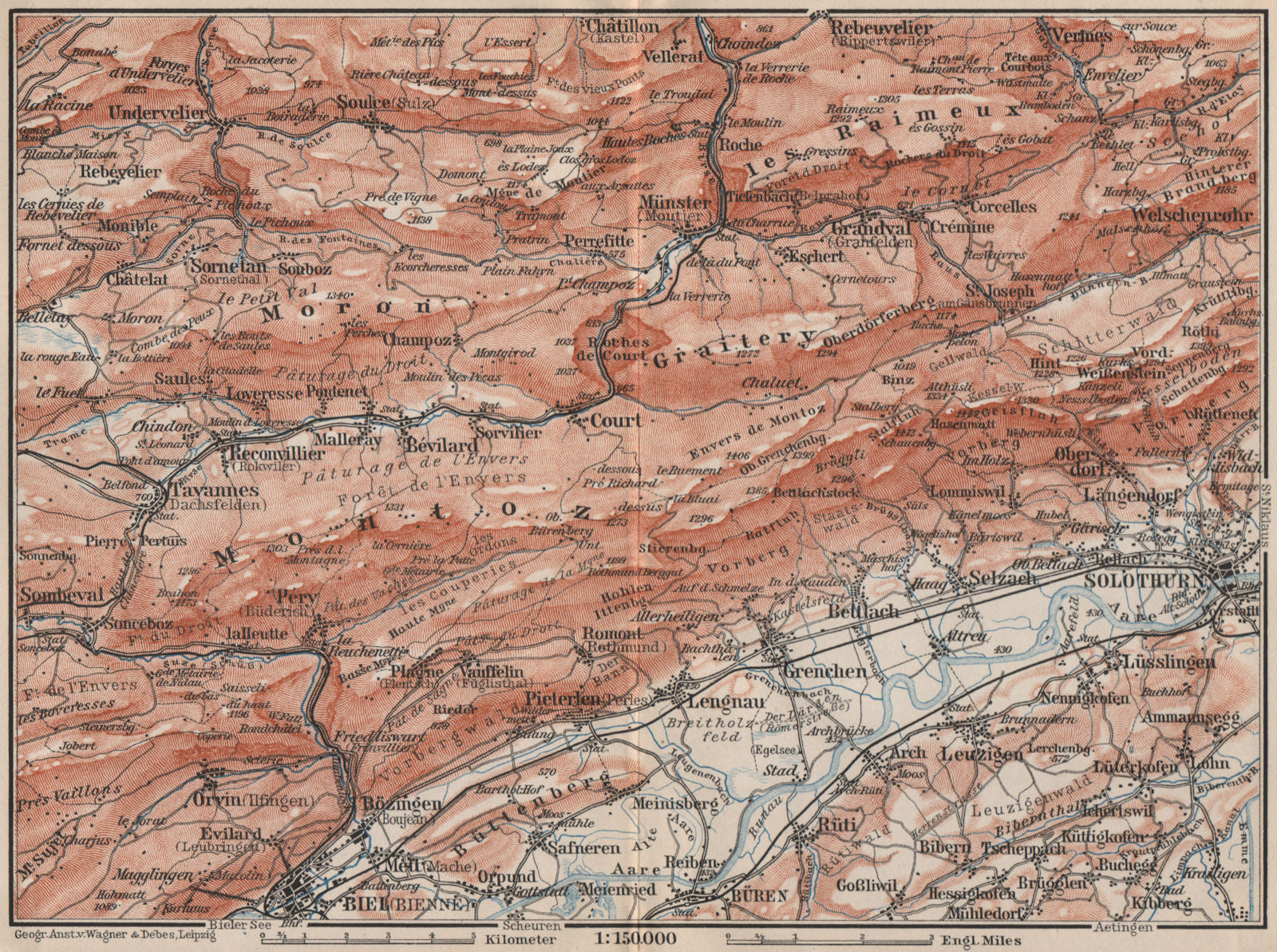 BERNESE JURA. Solothurn Biel/Bienne Rebeuvelier Tavannes. Topo-map 1897
